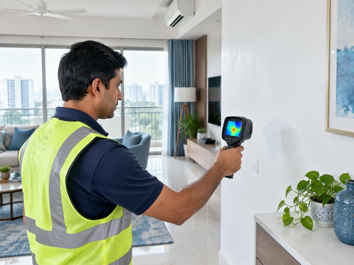 Home inspection engineer using a thermal camera